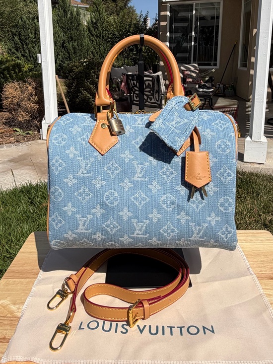Source Unknown Handbags - NEW LV Print Speedy Denim Monogram Satchel HandBag Blue Tan & Gold Lock Key